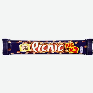 Батончик Picnic Big с арахисом и изюмом, начинкой из мягкой карамели, вафель и воздушного риса, покрытый молочным шоколадом, 76г