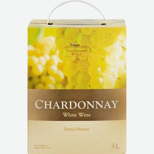 Вино TRADITIONAL WINE Шардоне сортовое белое полусладкое, 3л, Россия, 3 L