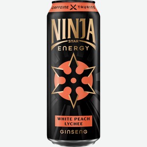Напиток энергетический NINJA STAR Белый персик, личи газированный, 0.45л