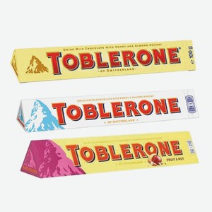 Шоколад «Toblerone»: белый с медово-миндальной нугой, молочный с изюмом и медово-миндальной нугой, молочный с медом и нугой; 100 г