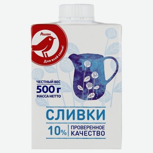 Сливки ультрапастеризованные стерилизованные питьевые АШАН Красная птица нормализованные 10% БЗМЖ, 500 г