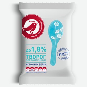Творог классический обезжиренный АШАН Красная птица брикет 1,8% ГОСТ БЗМЖ, 180 г